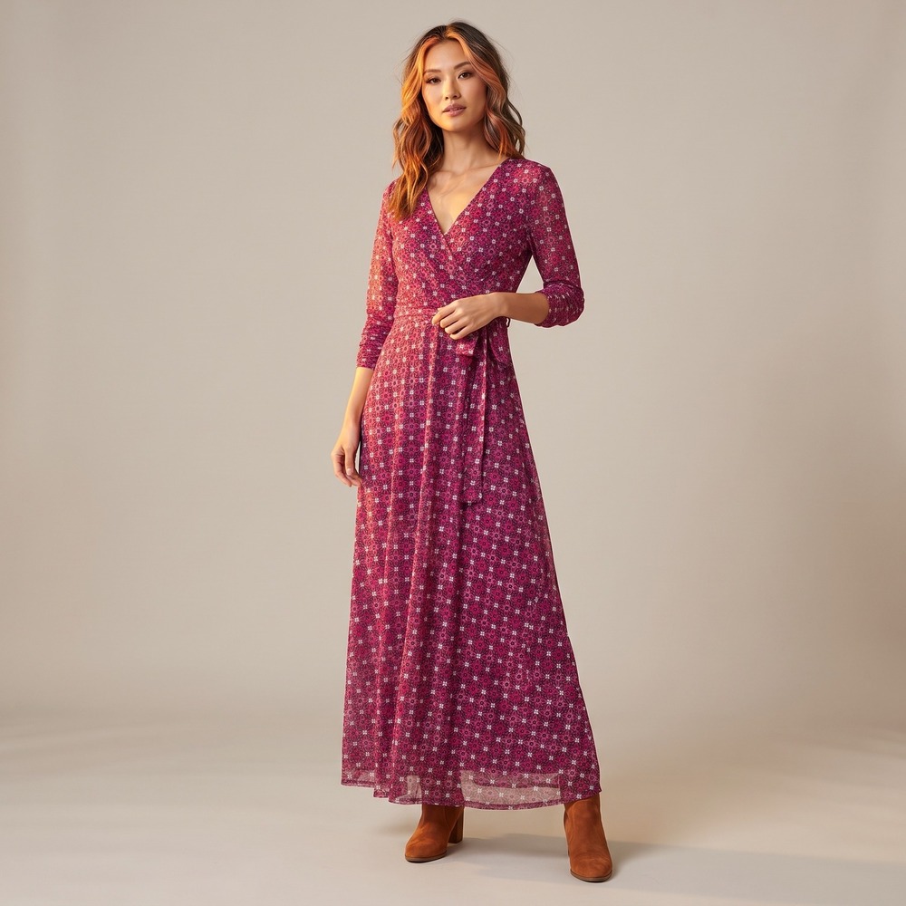 Harlow & Rose Maxi Dress Women S Magenta Excellent Floral Mesh Faux Wrap